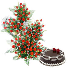 100 Red Roses Arrangement with 1 KG Chocolate Truffle Cake